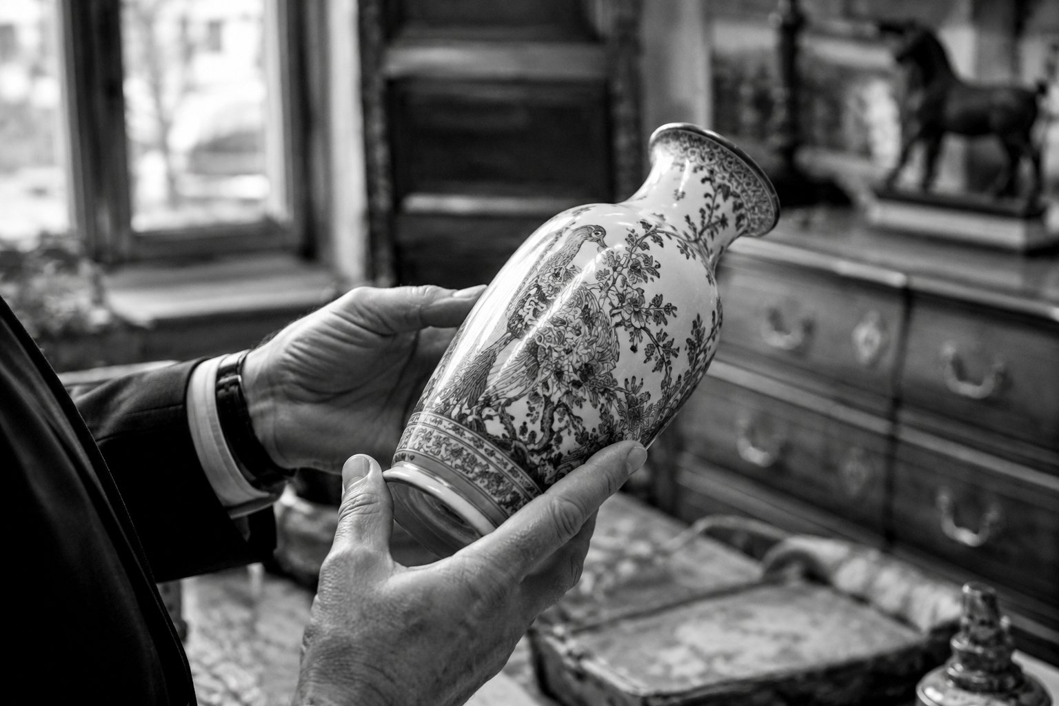 Expert examinant un vase ancien en porcelaine
